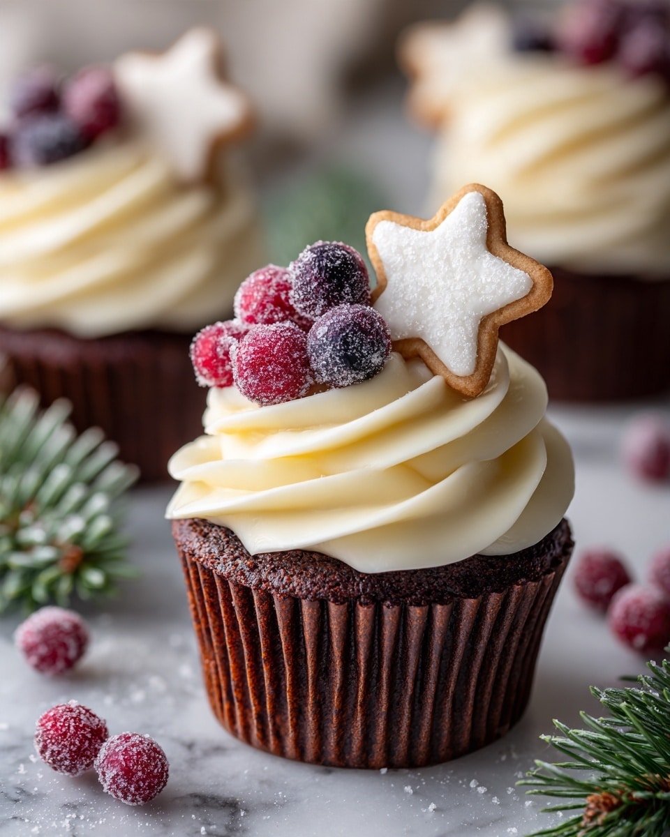 The image shows several chocolate cupcakes arranged closely on a white marbled surface. Each cupcake has a dark brown base with a textured wrapper, topped by a tall swirl of creamy white frosting. On the frosting, there are small red and purple sugared berries giving a frosted, glossy look, and a white star-shaped cookie with a light brown edge standing upright. In the foreground, some garnished sugared berries and small green pine sprigs are scattered around. The overall look is festive and detailed, with a soft focus on the background cupcakes. Photo taken with an iphone --ar 4:5 --v 7