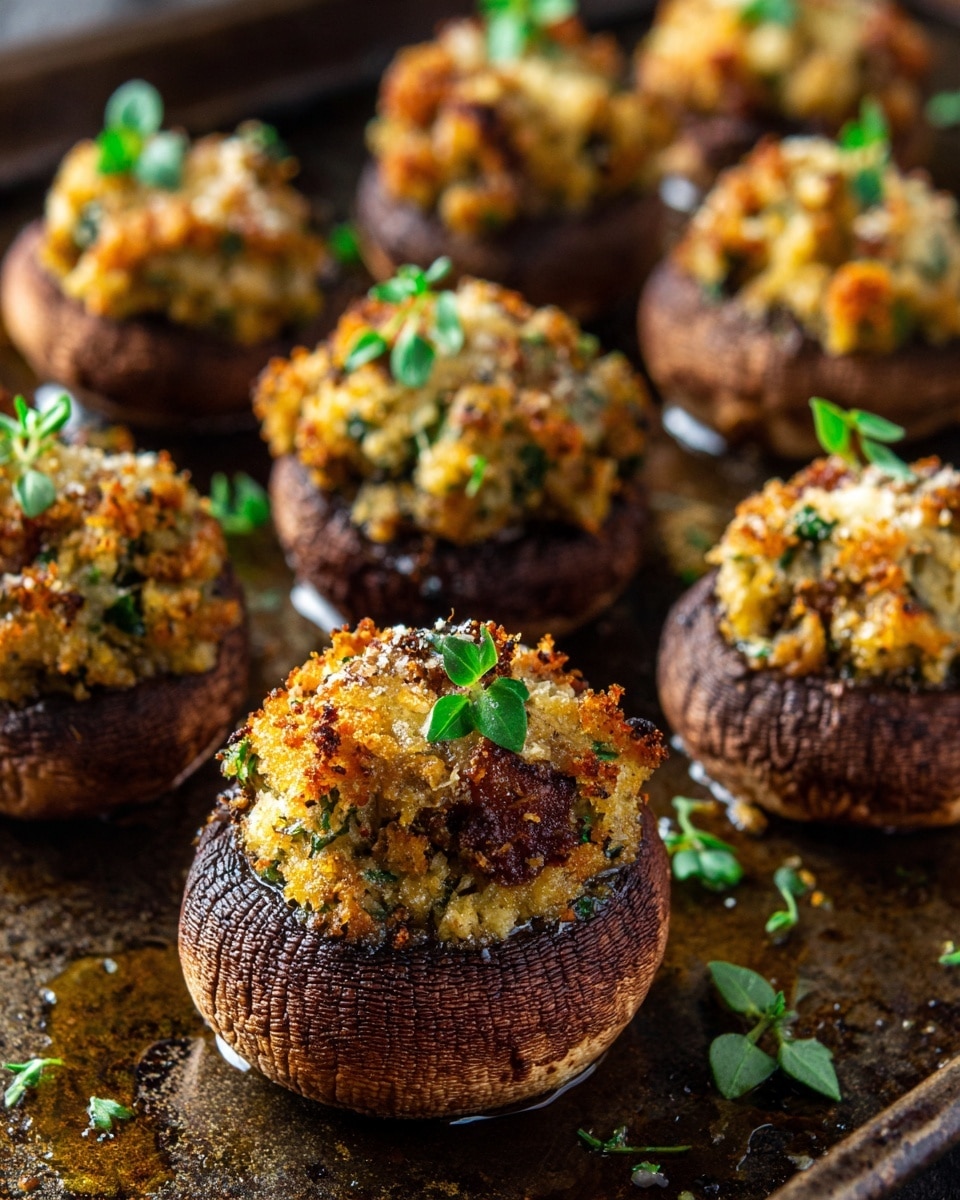 The image shows a close-up of multiple stuffed mushrooms arranged on a dark baking tray with a textured surface. Each mushroom has two main layers: the base is a rich brown mushroom cap with a slightly glossy and wrinkled texture, and the second layer is a golden brown stuffing made of breadcrumbs mixed with herbs and small bits of red and green ingredients. The stuffing looks crumbly and slightly crispy on top, with some grated cheese melting over it. Each stuffed mushroom is garnished with a small green herb leaf. The background is softly blurred, focusing on the foreground mushrooms. photo taken with an iphone --ar 4:5 --v 7