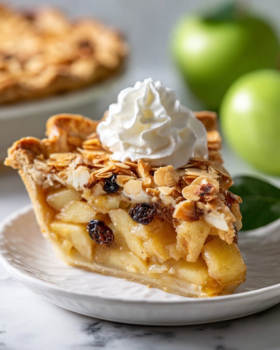 A slice of pie sits on a white plate over a white marbled texture, showing three main layers: a light golden crust at the bottom with a slightly crumbly texture, a thick filling made of pale yellow apple slices mixed with dark raisins, and a top layer covered with toasted almond slices that are golden brown and shiny. On top of the pie slice, there is a dollop of smooth, white whipped cream. In the blurred background, part of a whole pie with the same crust is visible. Photo taken with an iphone --ar 4:5 --v 7