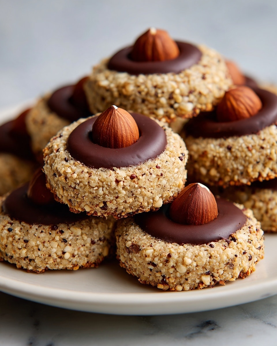 The image shows several round cookies with a rough, light beige surface speckled with darker bits, indicating the presence of nuts or grains. Each cookie has a whole brown hazelnut placed in the center on top. The bottom half of each cookie is coated in smooth, glossy dark chocolate, creating a clear two-layer effect. The cookies are stacked and arranged closely together, set on a white plate against a white marbled background. photo taken with an iphone --ar 4:5 --v 7