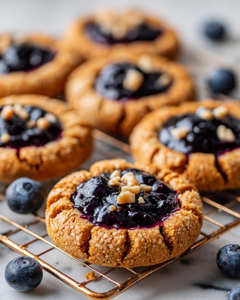 The image shows several round cookies on a gold cooling rack placed on a white marbled surface. Each cookie has a rough, golden-brown top layer with visible cracks and a soft texture, and a slightly darker brown edge. The center of every cookie has a smooth, shiny layer of dark purple-blue blueberry jam with whole berries mixed in. The jam is topped with small crunchy nut pieces that add texture. A few whole fresh blueberries are scattered around the rack. Photo taken with an iphone --ar 4:5 --v 7