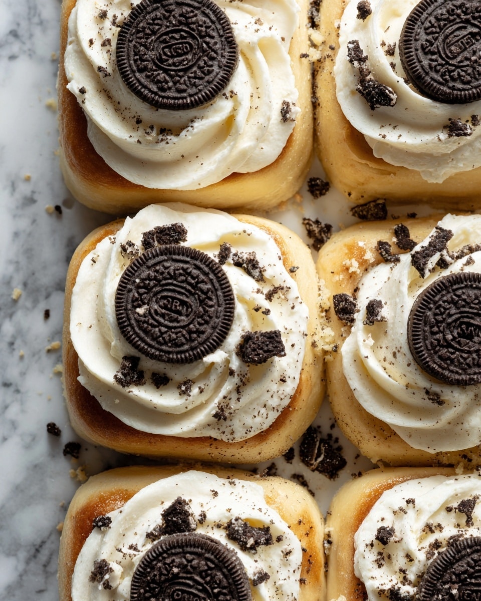 The image shows a close-up of a tray filled with small, square dessert pieces arranged in three rows and four columns. Each piece has a golden-brown base layer with a soft, slightly puffy texture. On top is a thick white cream layer, evenly spread, and a whole Oreo cookie placed in the center of each piece. Some Oreo cookies are whole, while others have small crushed bits scattered over the cream. The dessert is set on a white marbled surface. photo taken with an iphone --ar 4:5 --v 7