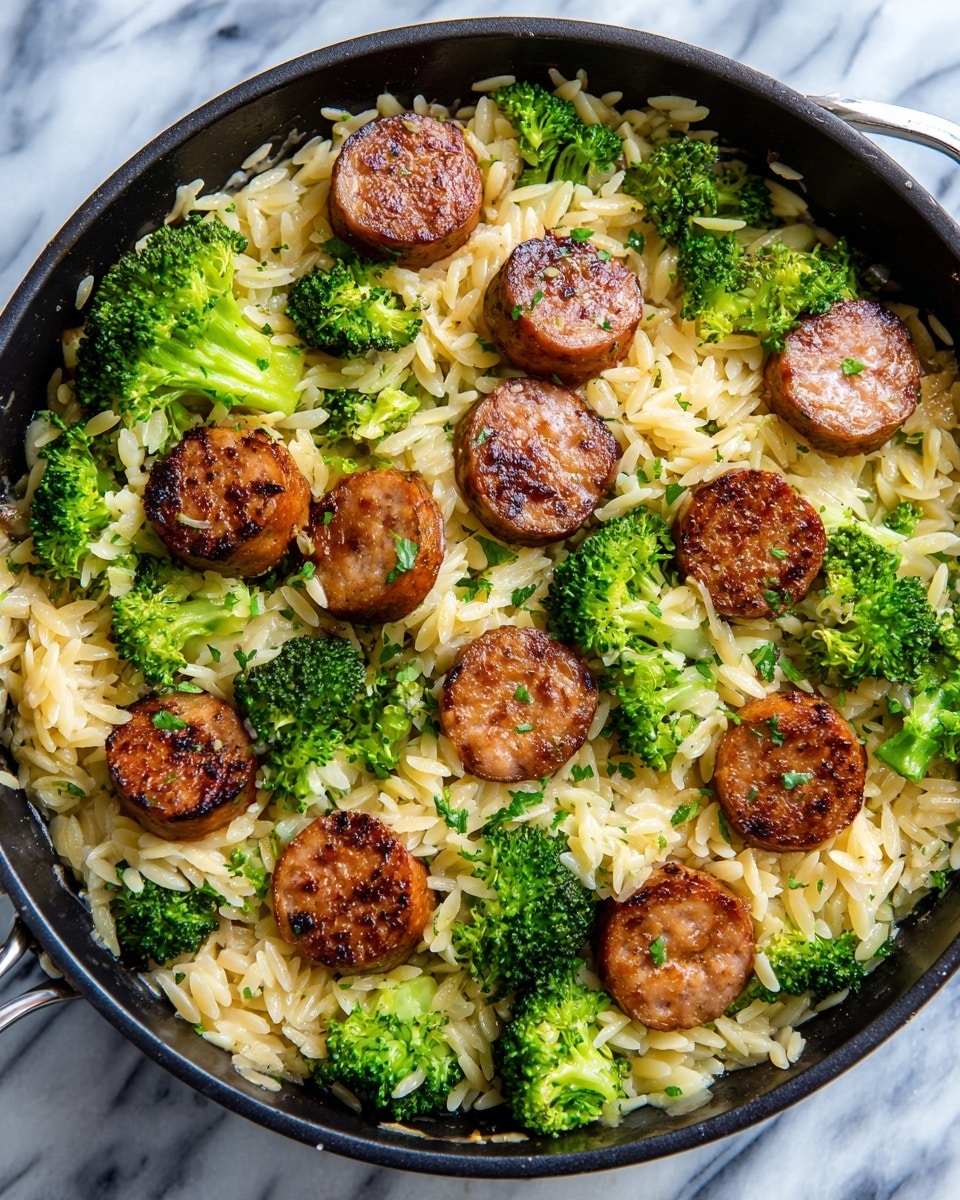 A close-up of a black skillet filled with a colorful mix of cooked food. The dish has three main layers: slices of golden-brown chicken sausage on top, bright green broccoli florets scattered between the sausage slices, and a base of light golden orzo pasta that looks soft and slightly shiny, mixed with small bits of cooked onions. The skillet sits on a white marbled surface. The image shows a warm, tasty meal with good texture contrast. Photo taken with an iphone --ar 4:5 --v 7