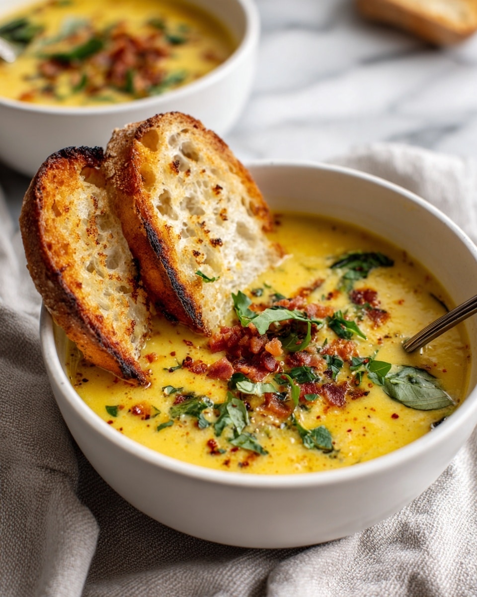 A white bowl filled with creamy yellow soup containing small chunks of potatoes and green pickles evenly mixed throughout. The soup is topped with bright green fresh parsley leaves and small crispy brown bacon bits. Two golden brown toasted bread slices rest inside the bowl at an angle, standing upright from the soup. The bowl sits on a soft gray cloth placed over a white marbled surface, with a blurred white bowl of the same soup visible in the background. photo taken with an iphone --ar 4:5 --v 7