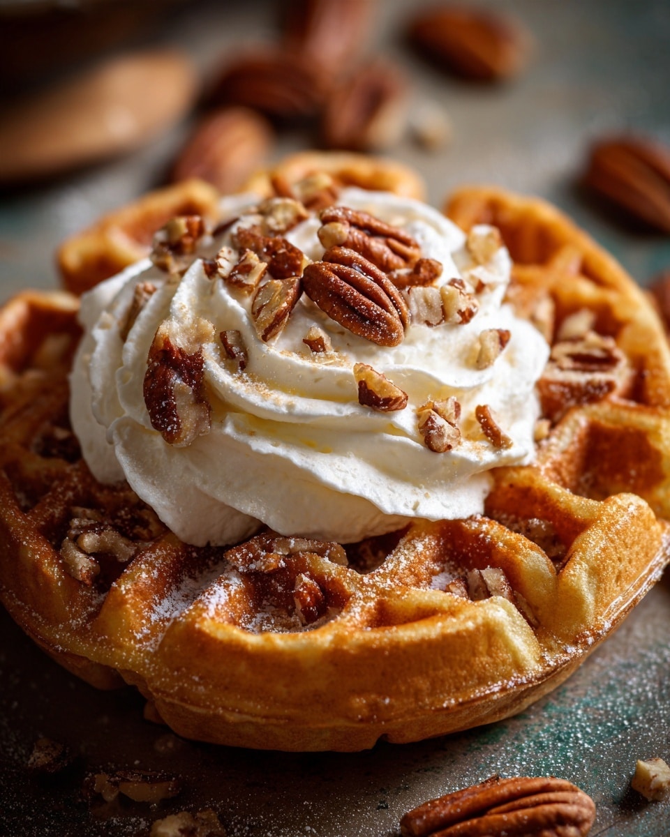 A close-up view of a single brown waffle with a slightly crispy texture forms the base. On top, there is a dollop of white whipped cream with a soft and fluffy texture, sprinkled generously with rough chopped pecan nuts, adding a rich brown color and crunchy texture. The waffle and toppings rest on a surface with a white marbled texture, and additional small pecan pieces are scattered around the waffle. The lighting highlights the warm, golden-brown hues of the waffle and the creamy whiteness of the whipped cream. photo taken with an iphone --ar 4:5 --v 7