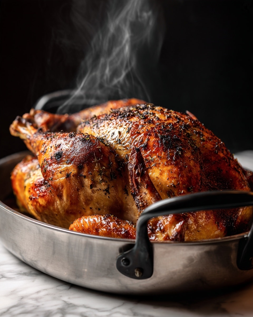 A whole roasted turkey with a golden brown, crispy skin sits in a dark metal roasting pan. The turkey is centered in the pan with its wings close to its body, showing a mix of lighter yellow and darker brown on the skin. The background is softly blurred with steam rising in a heart shape behind the turkey, resting on a white marbled surface. photo taken with an iphone --ar 4:5 --v 7