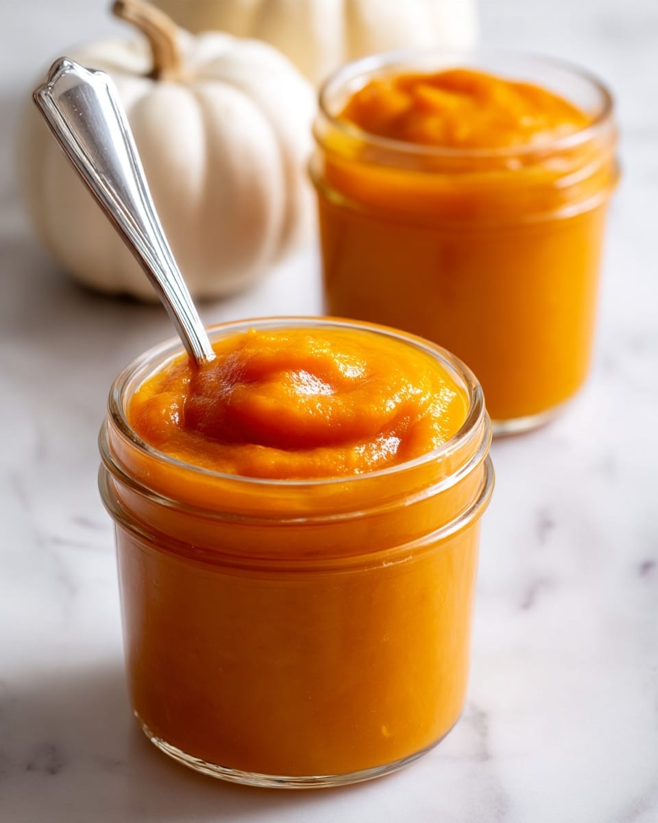 This image shows two clear glass jars filled with thick, smooth, bright orange pumpkin puree. The front jar is full and slightly rounded over the top edge, with a shiny silver spoon inserted into the puree, leaning to the right side. The texture looks creamy and soft, with a glossy surface catching the light. In the blurred background, there is a second jar also full of the same pumpkin puree. The jars are placed on a white marbled surface, and a white pumpkin is partially visible behind the front jar. The overall color palette focuses on the vibrant orange of the puree contrasted with the clear glass jars and the neutral white marble. Photo taken with an iphone --ar 4:5 --v 7