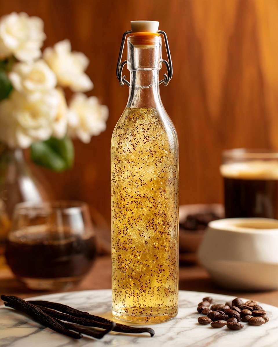 A tall clear glass bottle with a metal clasp and white stopper is filled with a light yellow liquid containing many tiny black specks. The bottle is centered on a white marbled surface. In front of it are several dark brown vanilla pods and coffee beans scattered around, with a small beige bowl filled with more coffee beans near the bottom right. In the blurred background, there are creamy white flowers, a glass with a light brown beverage, and other glass containers with dark and light liquids. Photo taken with an iphone --ar 4:5 --v 7