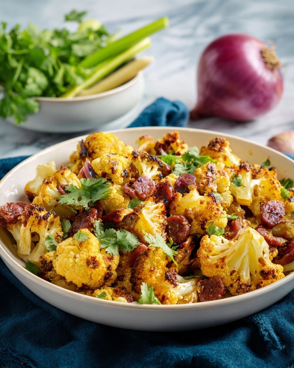 The image shows a white shallow bowl filled with roasted cauliflower pieces that are golden brown with some darker crispy edges. Mixed in are small chunks of reddish sausage, and the dish is topped with fresh green cilantro leaves scattered around. In the background, to the upper left, there is a white bowl full of green vegetable stalks and on the right side, a whole red onion sits on a white marbled surface. The bowl is placed on a dark blue cloth. The colors are warm and fresh, showing a mix of yellow, brown, red, and green. photo taken with an iphone --ar 4:5 --v 7