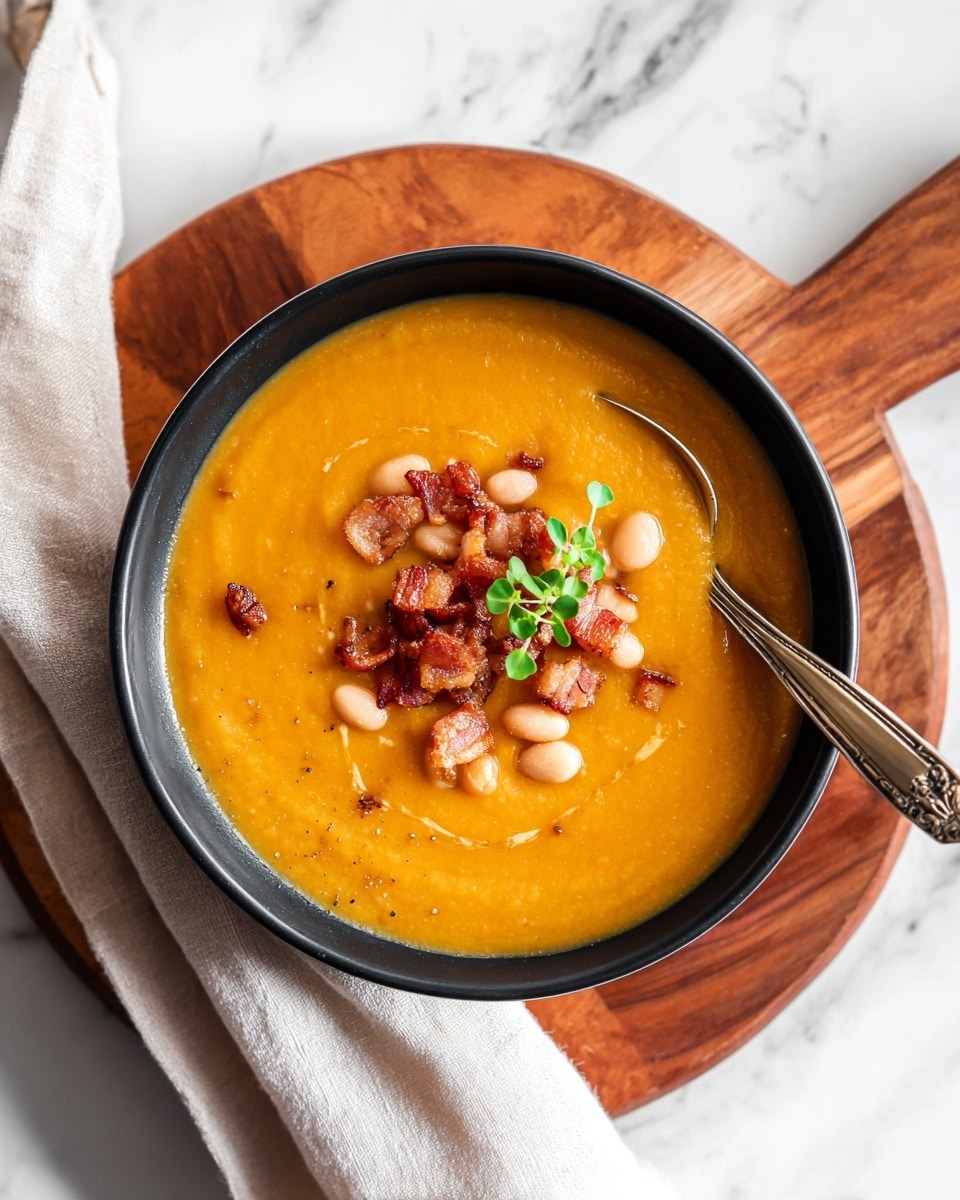 A gray bowl filled with thick orange soup as the first layer, topped with a second layer of small white beans spread evenly. On top, there is a third layer of small crispy brown bacon pieces scattered in the center with a few green herb sprigs as garnish. A silver spoon rests inside the bowl on the left side. The bowl sits on a wooden board over a white marbled surface with a white and gray cloth in the lower left corner. Photo taken with an iphone --ar 4:5 --v 7