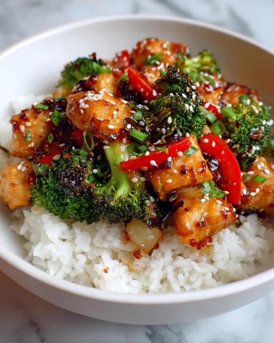 A close-up view of a bowl with three main layers: the bottom layer is fluffy white rice with separated grains, the middle layer has shiny light brown onions with slightly charred edges, and bright green, slightly charred broccoli florets. The top layer includes glossy, golden-brown glazed chicken pieces sprinkled generously with light tan sesame seeds. In the background, there are small pieces of vibrant red bell pepper and thin green scallion slices adding a fresh contrast. The bowl is white with a simple texture, placed on a white marbled surface. photo taken with an iphone --ar 4:5 --v 7