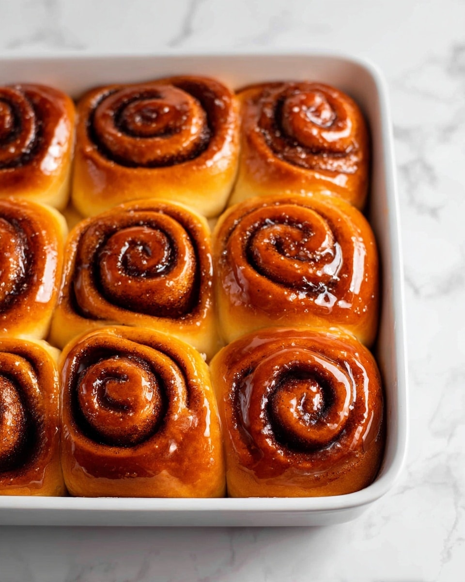 A close-up of nine cinnamon rolls arranged in a 3x3 grid inside a clear baking dish, each roll showing multiple layers of golden-brown dough spiraled tightly with dark brown cinnamon filling; the dough looks soft and slightly shiny, with some areas having a light glaze, and the cinnamon filling appears moist and rich, creating a contrast between the light dough and dark filling; the rolls touch each other, filling the dish completely, with a small amount of glaze pooling slightly in some spaces; the background is a white marbled surface. Photo taken with an iphone --ar 4:5 --v 7