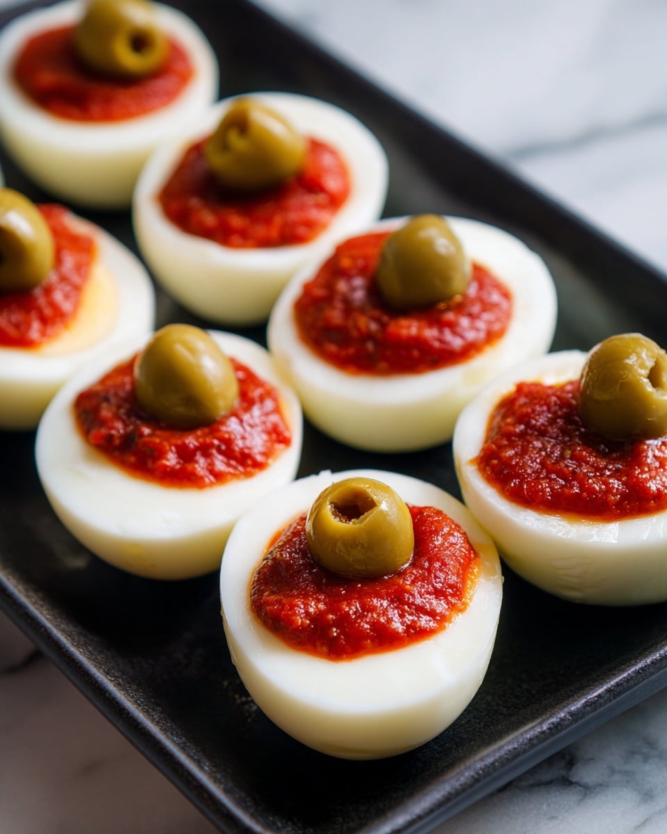 The image shows six halved boiled eggs arranged in two rows on a black tray with a slight sheen. Each egg half features a smooth white outer layer of cooked egg white, topped with a thick, bright red sauce layer that looks chunky and fresh. On top of the red sauce, there is a whole green olive with a smooth, shiny surface and a small dark brown pimento filling in the center. The eggs are neatly placed and evenly spaced, with no other items around, set on a white marbled surface. Photo taken with an iphone --ar 4:5 --v 7