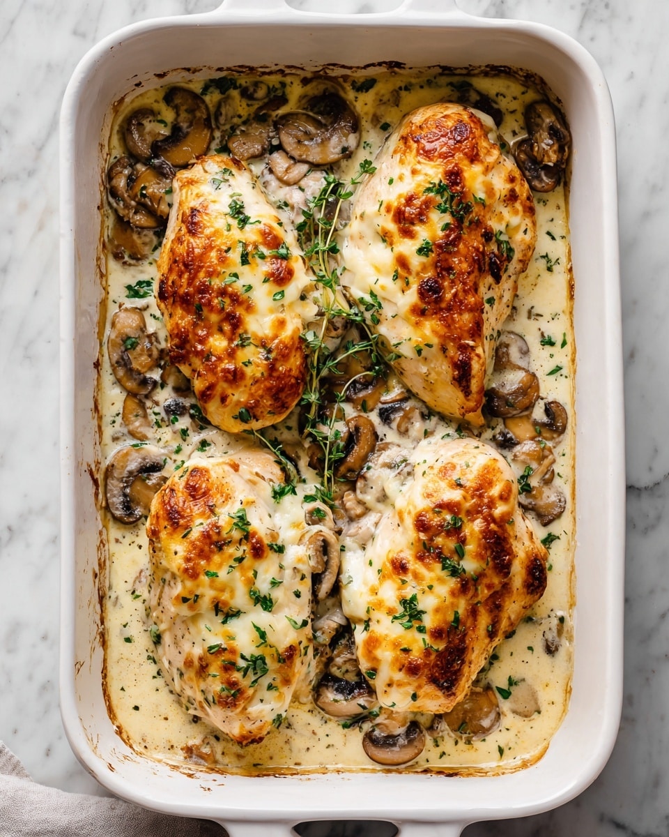 The image shows a white rectangular dish with four golden-brown baked chicken breasts arranged in a single row, covered with a creamy sauce mixed with sliced mushrooms. The chicken breasts have a slightly crispy, browned top with melted cheese that has light brown spots, and are sprinkled with small green parsley leaves. The creamy mushroom sauce is thick and covers the base of the dish, with several sliced mushrooms visible around and under the chicken. The dish sits on a surface with a white marbled texture. photo taken with an iphone --ar 4:5 --v 7