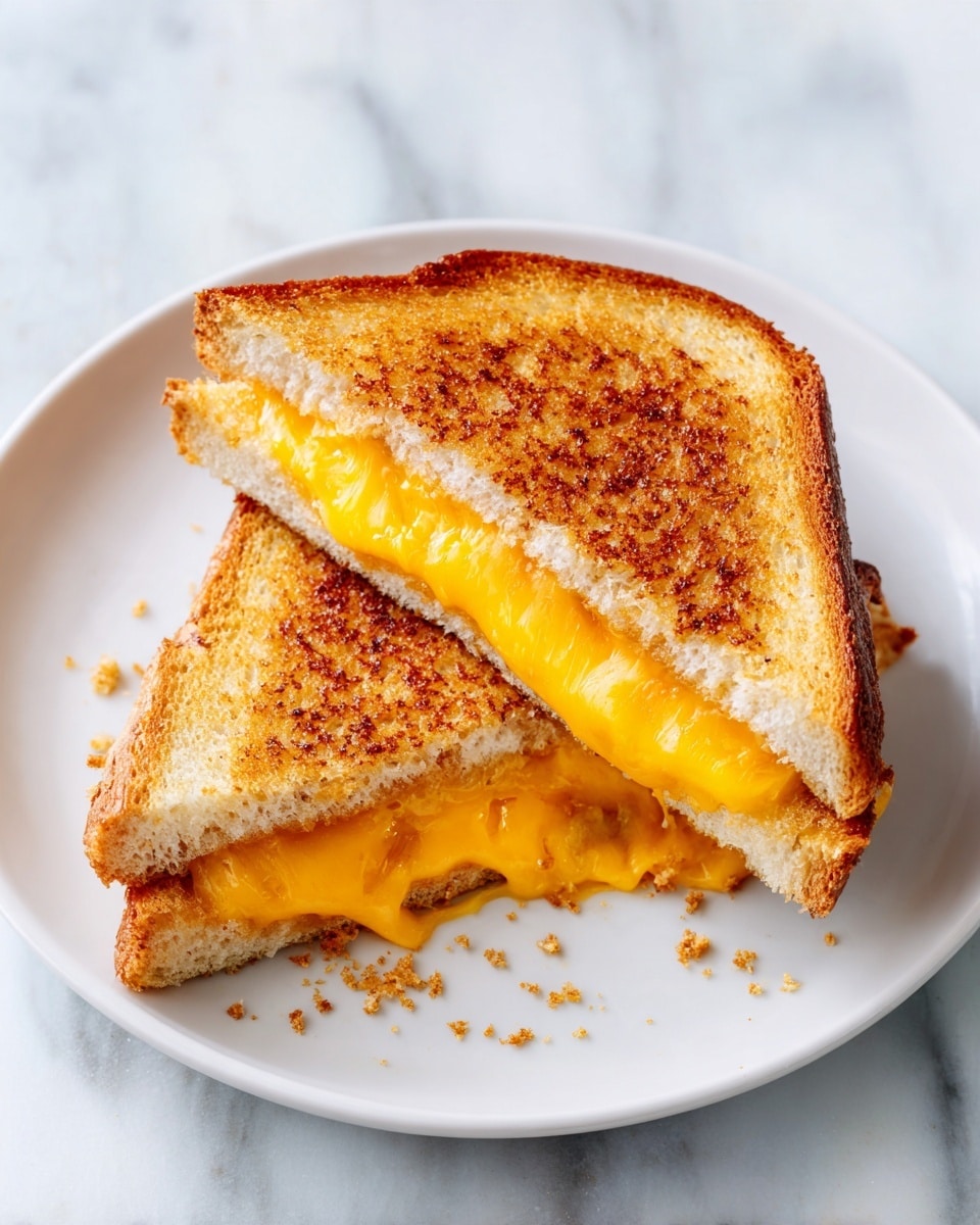 A grilled cheese sandwich cut diagonally in half sits on a white plate placed on a white marbled surface. The sandwich has two slices of golden-brown toasted bread with a crispy texture and slightly darker toasted edges. Inside, there are at least two layers of melted bright yellow and orange cheese, gooey and stretching slightly between the halves. There are small crumbs of toasted bread on the plate near the sandwich. Photo taken with an iphone --ar 4:5 --v 7