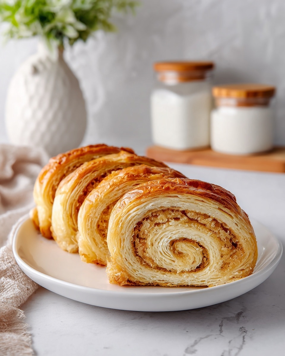 A golden brown rolled pastry is shown on a white plate, with one larger piece and three neatly cut slices placed in front. The pastry has a smooth, shiny crust with a slightly cracked texture on top. Inside, the swirl layers alternate between light beige dough and a dense, finely chopped nut filling that has a textured, crumbly appearance. The white marbled surface beneath the plate adds a clean and bright backdrop, with a soft natural light coming from the window, highlighting the warm colors and details. The setting includes blurry white jars and a small white vase with green leaves in the background. Photo taken with an iphone --ar 4:5 --v 7