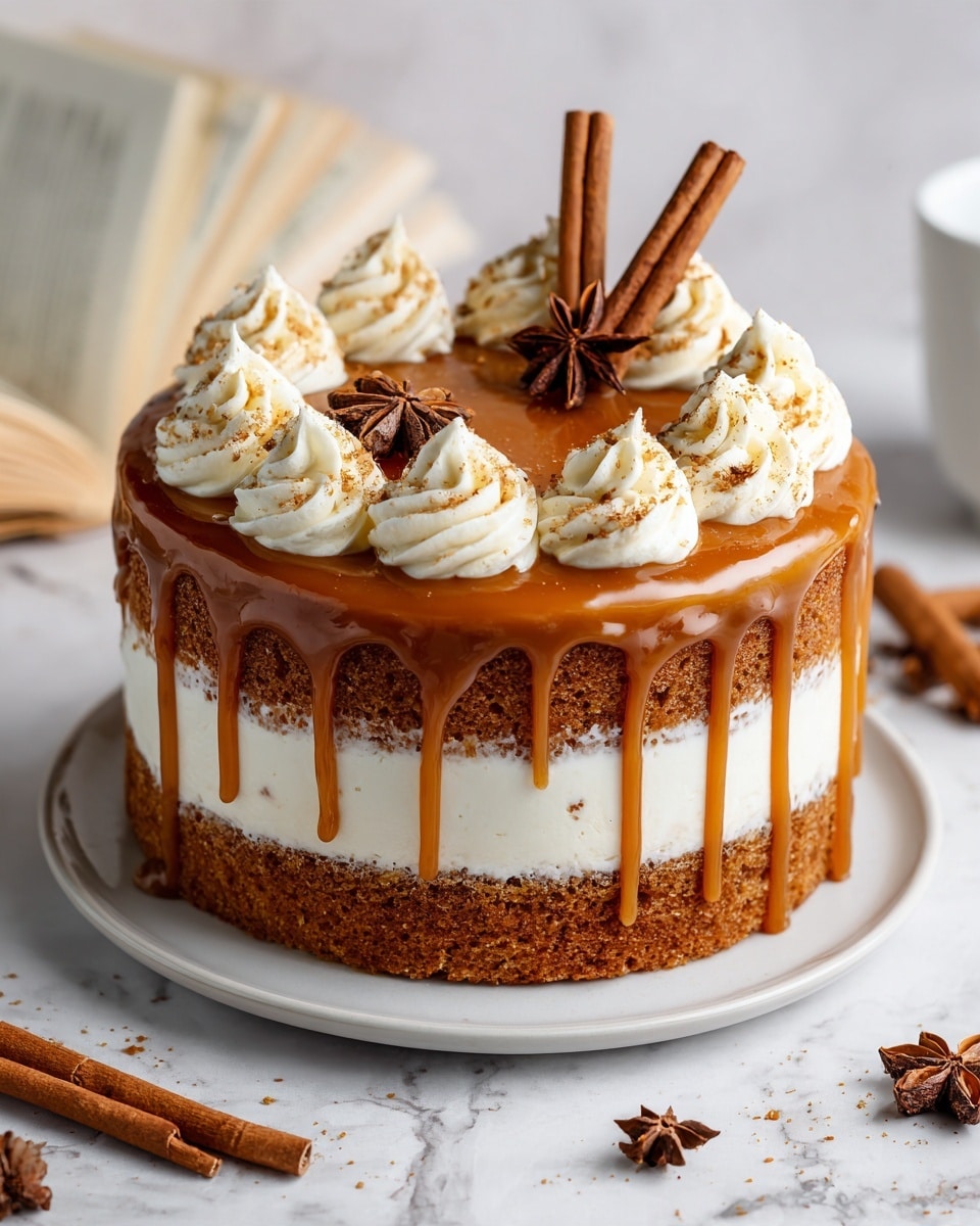 A two-layer cake with light brown sponge layers separated by a thick, glossy dark caramel filling that drips slightly down the inside edges. The outside of the cake is coated in smooth white frosting, with a rich caramel glaze dripping down the sides in thick, shiny streams. The top is decorated with six large swirls of white whipped cream spaced evenly near the edge. Two cinnamon sticks stand upright at the center, surrounded by a star anise, adding a rustic touch. The cake sits on a plain white plate on a white marbled surface, with cinnamon sticks and star anise scattered around and an open book in the foreground. Photo taken with an iphone --ar 4:5 --v 7