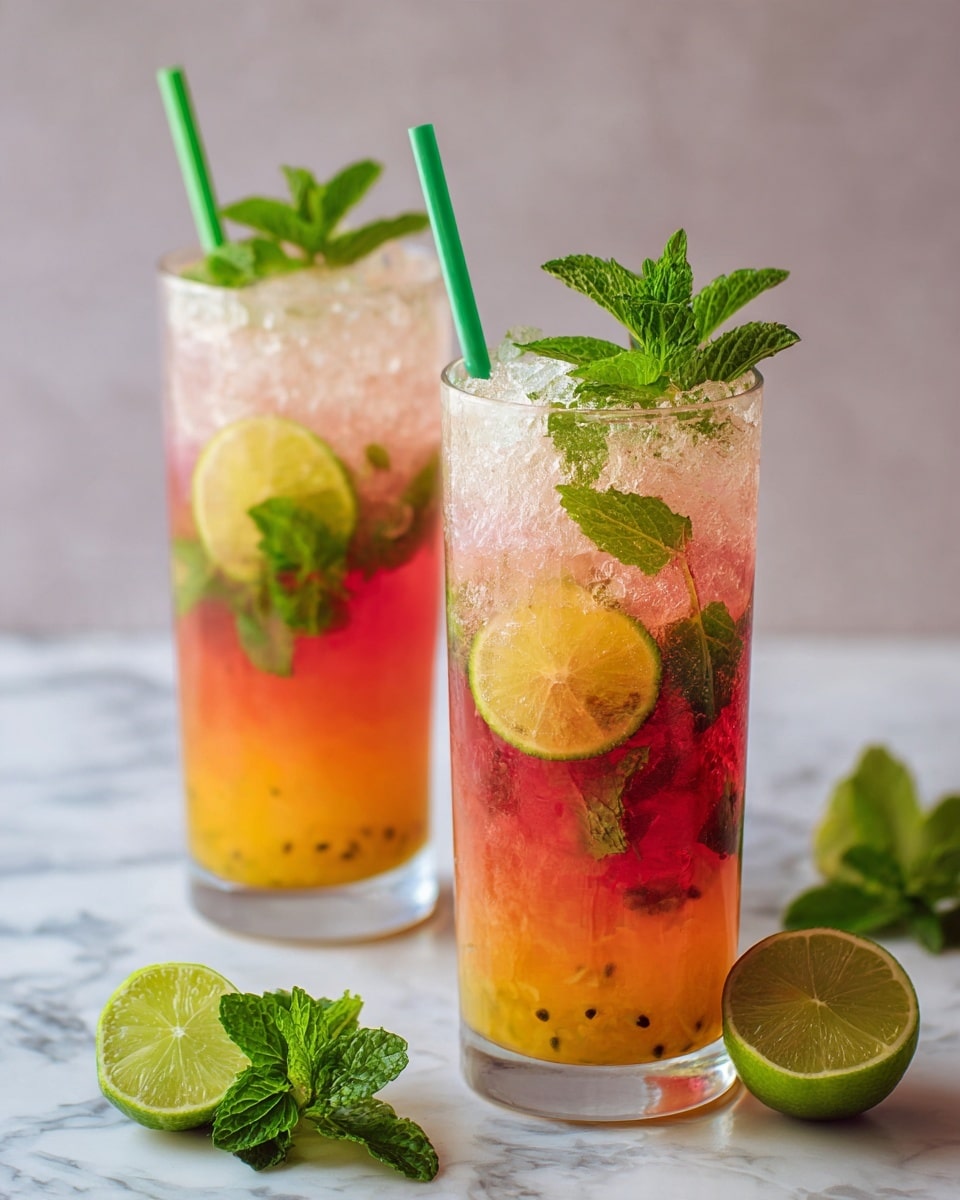 The image shows two tall clear glasses filled with a colorful drink placed on a white marbled surface. Each glass has three visible layers: the bottom layer is bright orange with small dark seeds and fresh green mint leaves; the middle layer contains slices of yellow lime and more mint leaves floating within the liquid; the top layer is light pink with crushed ice and mint leaves, slightly translucent. On the glass in the front, a thin round slice of lime is placed on the rim, and a green straw stands upright inside both glasses. Fresh mint leaves and lime halves are scattered around the glasses. Photo taken with an iphone --ar 4:5 --v 7