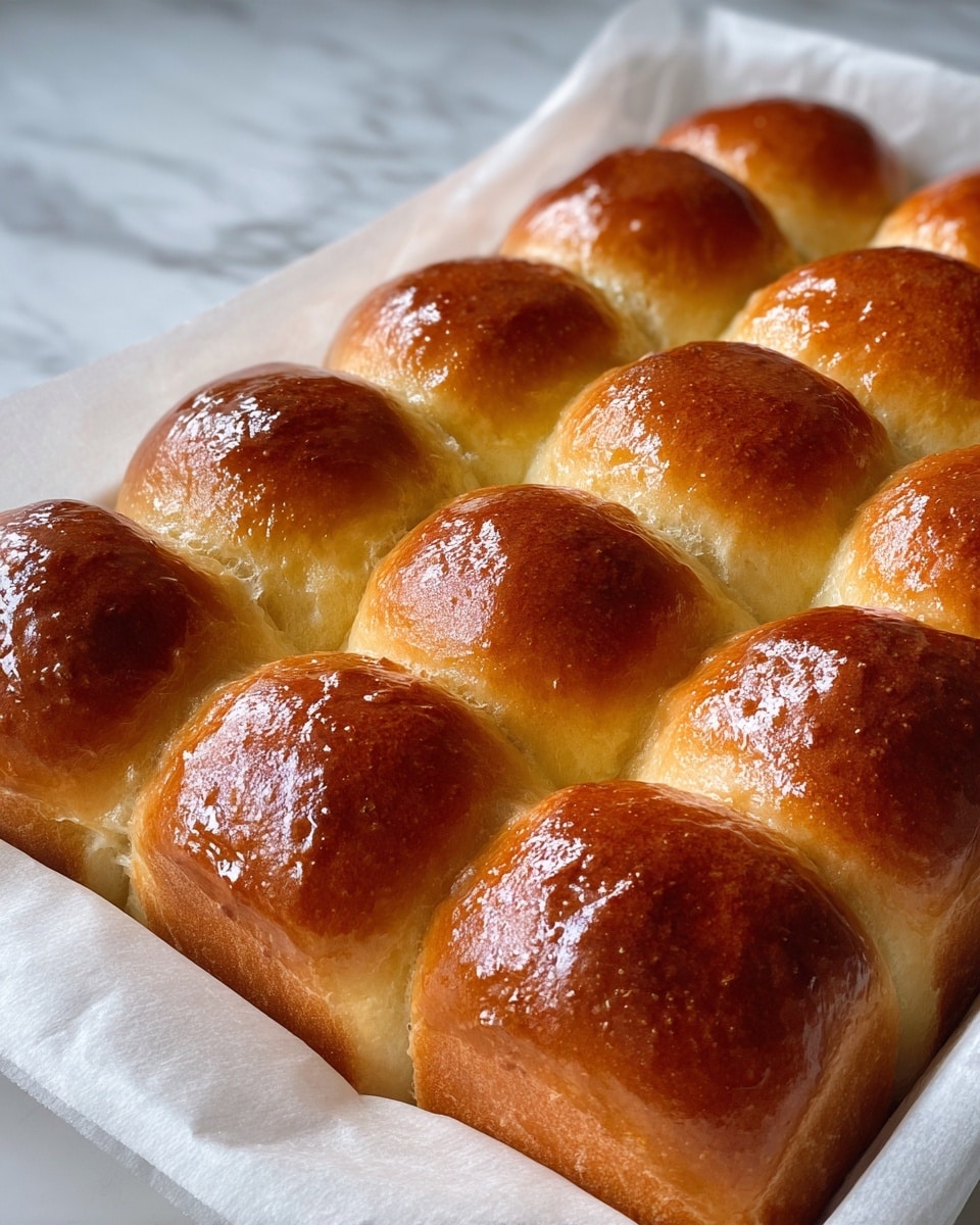 A batch of fifteen shiny golden-brown dinner rolls arranged closely together in a rectangular shape, baked and resting on white parchment paper, with smooth, rounded tops showing a slight glossy sheen and soft, fluffy edges touching each other, all placed on a surface with a white marbled texture photo taken with an iphone --ar 4:5 --v 7
