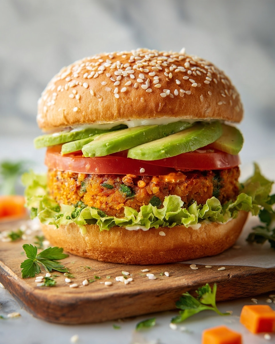 A close-up of a veggie burger with four layers: the top layer is a sesame seed bun, golden brown with white sesame seeds; below it are five thick slices of avocado, bright green and smooth; underneath the avocado are two slices of red tomato, juicy and fresh; the patty is thick, orange with green herbs, textured and slightly crispy; at the bottom is a fresh ruffled green lettuce leaf; the whole burger sits on a white sesame seed bun base. The burger is placed on a wooden board with scattered sesame seeds, green parsley leaves, and carrot cubes around it, all on a white marbled surface. photo taken with an iphone --ar 4:5 --v 7