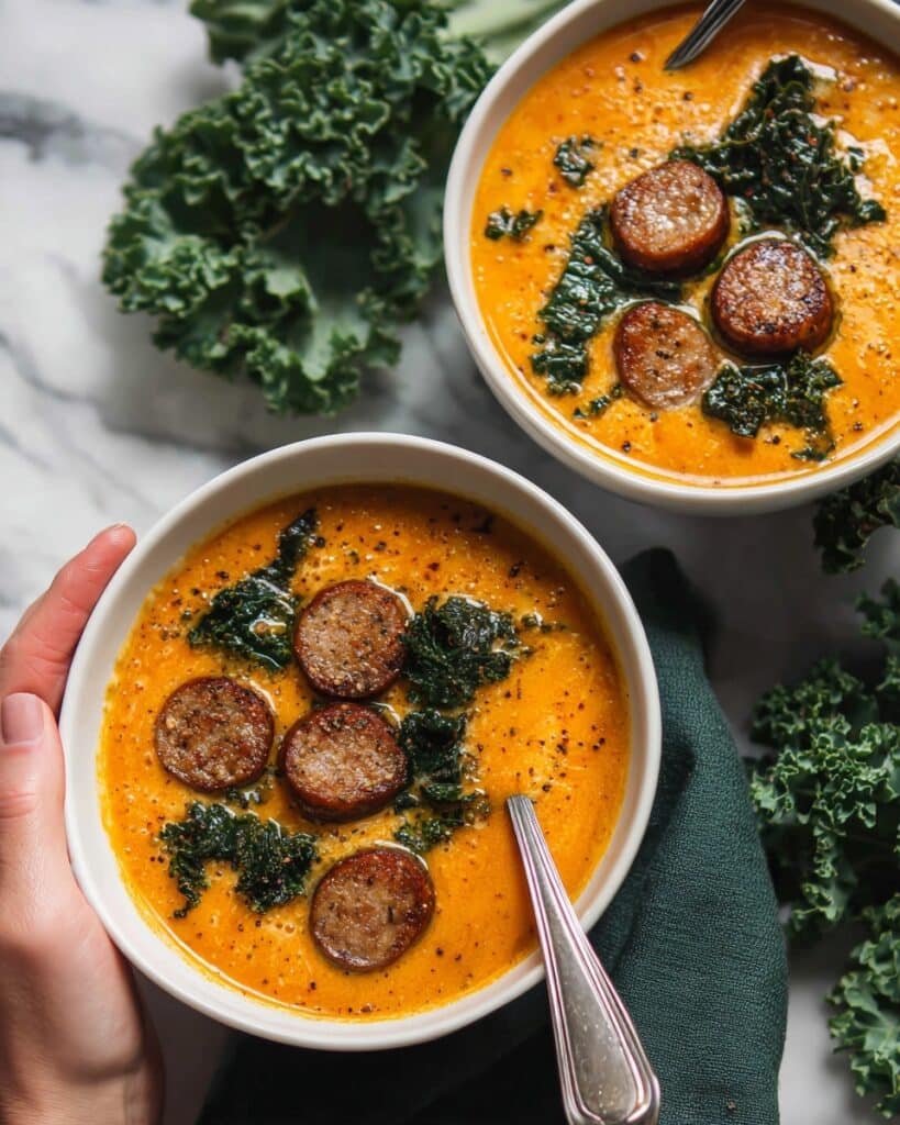 Spicy Sausage Sweet Potato Soup with Cashew Cream and Kale Recipe