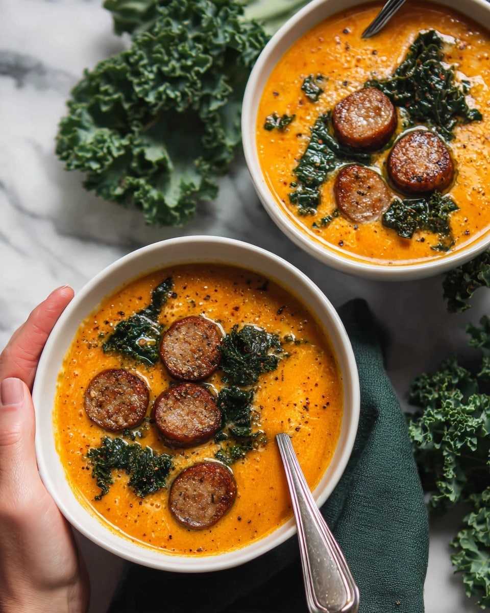 Two white bowls filled with a bright orange soup topped with cooked round sausage slices and dark green kale pieces. The soup is smooth and creamy with small bubbles, and the sausage slices have a browned, crispy texture. Each bowl has a silver spoon resting inside it. The bowls are placed on a white marbled surface, with some fresh kale leaves on the side and a dark green cloth near one bowl. Photo taken with an iphone --ar 4:5 --v 7