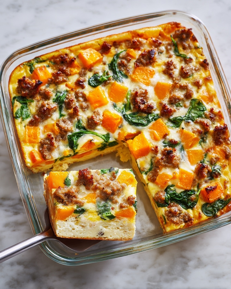 The image shows a close-up of a baked casserole in a clear glass square dish placed on a white marbled surface. The casserole has a visible layer structure with a golden-yellow egg base, mixed with chunks of orange sweet potatoes, browned sausage crumbles, and bright green spinach leaves evenly spread throughout the dish. A woman's hand is lifting one square piece with a silver spatula, revealing the thick, firm texture of the egg layer mixed with the ingredients. The vibrant colors of the orange, green, and brown contrast well with the light yellow of the eggs, and the glass dish adds a transparent frame around the rustic, homemade meal. photo taken with an iphone --ar 4:5 --v 7