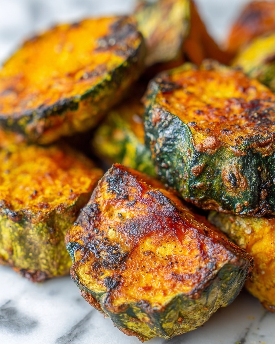 The image shows a close-up view of several roasted pumpkin pieces piled together. Each piece has a rough, crispy outer skin with a mix of green and brown colors, while the inside flesh is bright orange and soft-looking. The pumpkin pieces have some charred, dark brown spots and a light dusting of seasoning that adds texture. The different sizes and shapes of the pumpkin chunks create a layered and rustic appearance. The background is a white marbled texture. photo taken with an iphone --ar 4:5 --v 7