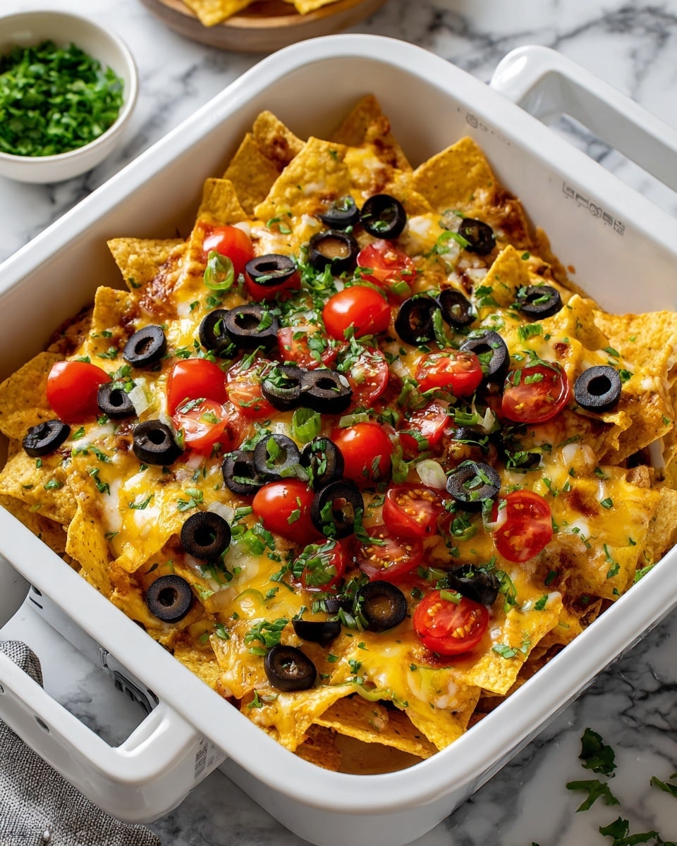 The image shows a square white air fryer basket filled with a layered dish of nachos. The base layer consists of crispy, golden tortilla chips scattered evenly. On top, there is a layer of melted yellow cheese covering most chips, giving a gooey texture. Black olive slices are spread over the cheese, accompanied by halved bright red cherry tomatoes and small green chopped herbs sprinkled throughout. The dish looks warm and fresh with a mix of colors and textures. The background is a white marbled surface with a small bowl of green herbs blurred in the top left corner. Photo taken with an iphone --ar 4:5 --v 7