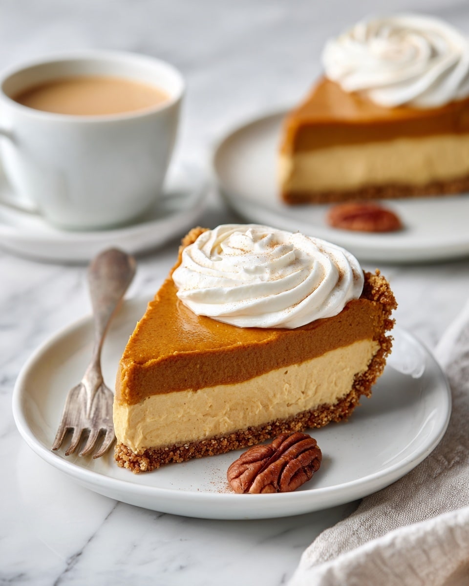 A close-up view of a single slice of pumpkin pie on a white plate, displaying three layers: a thick, ridged, golden-brown crust at the bottom and edges, a dense, smooth, deep orange pumpkin filling in the middle, and a small swirl of white whipped cream on top center. The plate has a small silver fork placed on its left side and three pecan nuts scattered on the right side. In the blurred background, there is another slice of pumpkin pie on a white plate with whipped cream on top, a pecan nut nearby, and a white mug filled with coffee, all set on a white marbled surface. Photo taken with an iphone --ar 4:5 --v 7