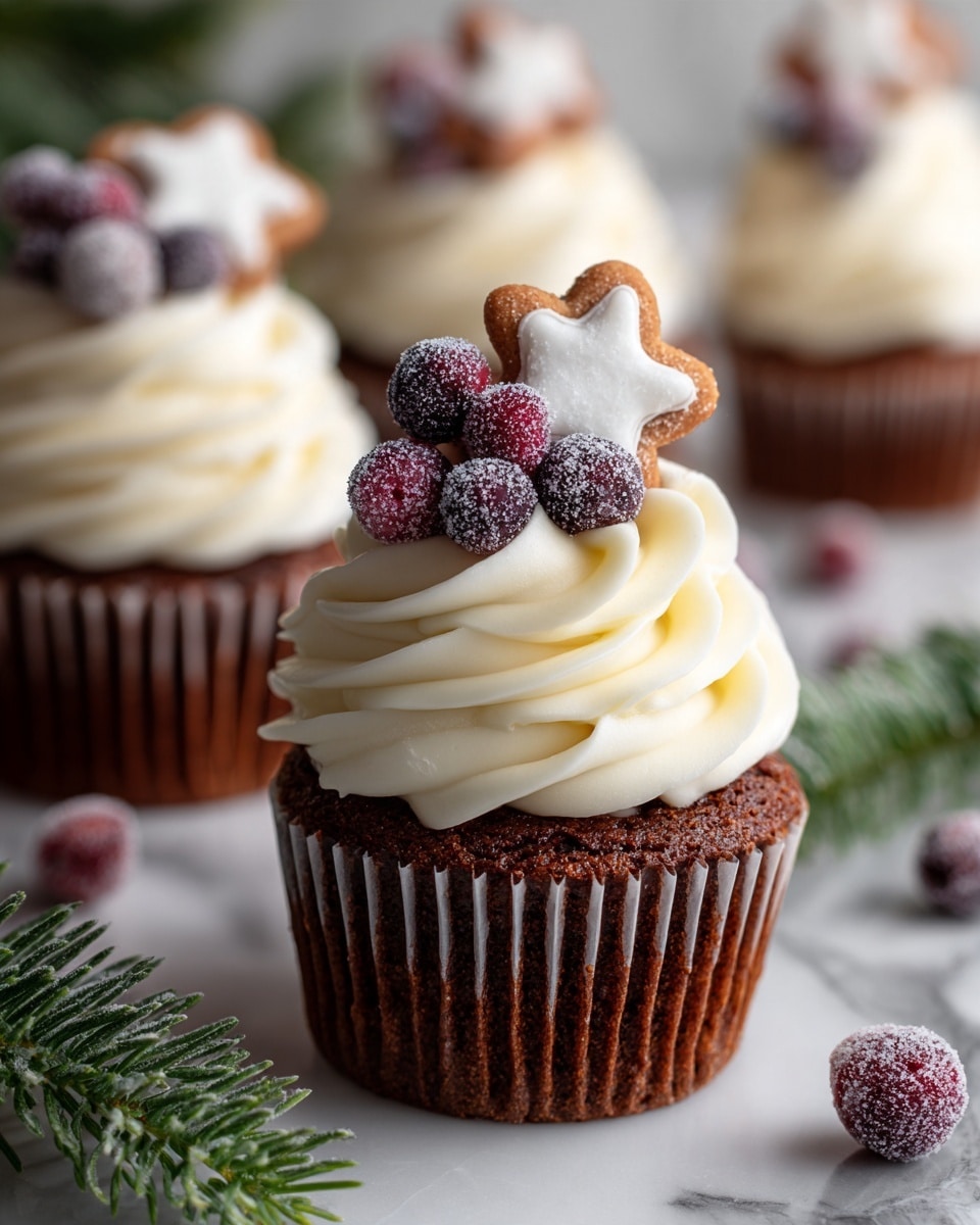 The image shows a close-up of a dark brown cupcake with thick, creamy white frosting swirled on top in multiple smooth layers. On the frosting sits a small, white star-shaped cookie with a light golden brown edge, and three sugared red and purple berries clustered next to the cookie. More cupcakes with similar frosting, cookies, and berries are blurred in the background. The cupcakes are on a white marbled surface with scattered sugared berries and green pine sprigs around. Photo taken with an iphone --ar 4:5 --v 7