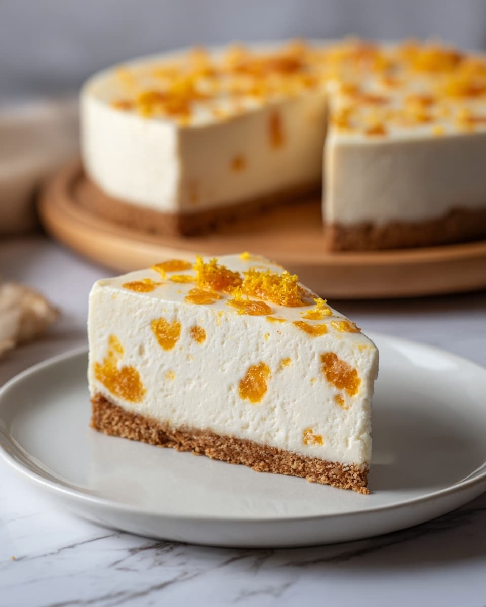 A close-up image of a single slice of cheesecake with visible chunks of orange fruit inside, placed on a white plate. The cheesecake has three clear layers: a slightly thick golden-brown crust on the bottom and sides, a thick creamy white layer in the middle with embedded orange pieces, and a thin smooth white top layer with swirls of orange sauce. The slice is front and center with a whole cheesecake in the background sitting on a wooden board, against a white marbled surface. photo taken with an iphone --ar 4:5 --v 7