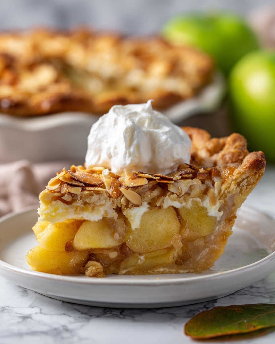 A close-up of a slice of apple pie placed on a white plate with a white marbled texture surface underneath, showing a thick base layer of golden-brown crust filled with soft, light yellow cooked apple slices mixed with dark raisins inside. The top layer is covered with a shiny, toasted almond sliver topping that looks crunchy. On the very top, there is a dollop of smooth white whipped cream, adding a soft texture contrast. In the slightly blurred background, the rest of the apple pie is visible with a similar golden crust and a partially visible green apple with a brown leaf on the right side. photo taken with an iphone --ar 4:5 --v 7