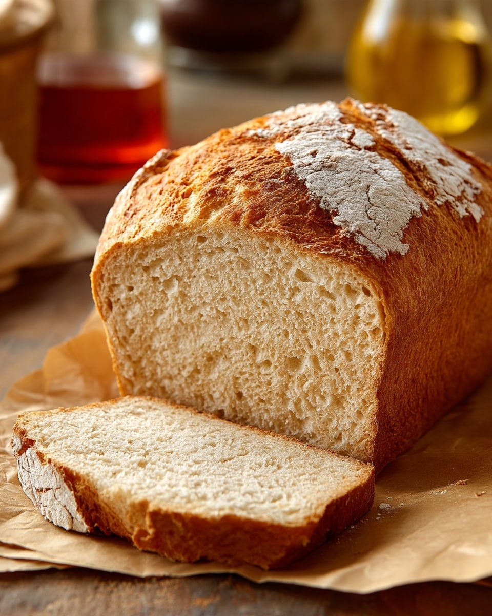 The image shows a close-up of a loaf of bread with one thick slice cut and placed in front. The bread has a rough, golden-brown crust dusted with white sugar, and the inside is soft with a pale beige color and a slightly crumbly texture. The loaf rests on a brown paper surface with a blurred background showing hints of yellow and red drinks. Photo taken with an iphone --ar 4:5 --v 7