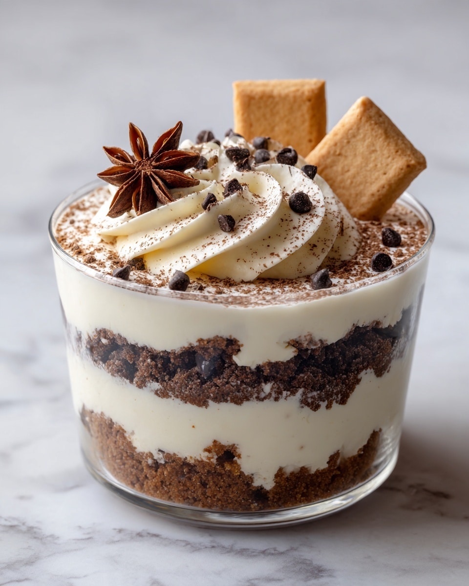 The image shows a clear glass filled with three visible layers. The bottom layer is made of dark brown crumbly pieces, the middle layer is creamy and light yellow, and the top layer is white whipped cream with a slightly fluffy texture. The whipped cream is sprinkled with brown cocoa powder and decorated with three light brown rectangular cookies standing vertically around the rim. On top, there is a single star anise placed in the center. The glass is set on a wooden surface with a white marbled texture background. Photo taken with an iphone --ar 4:5 --v 7