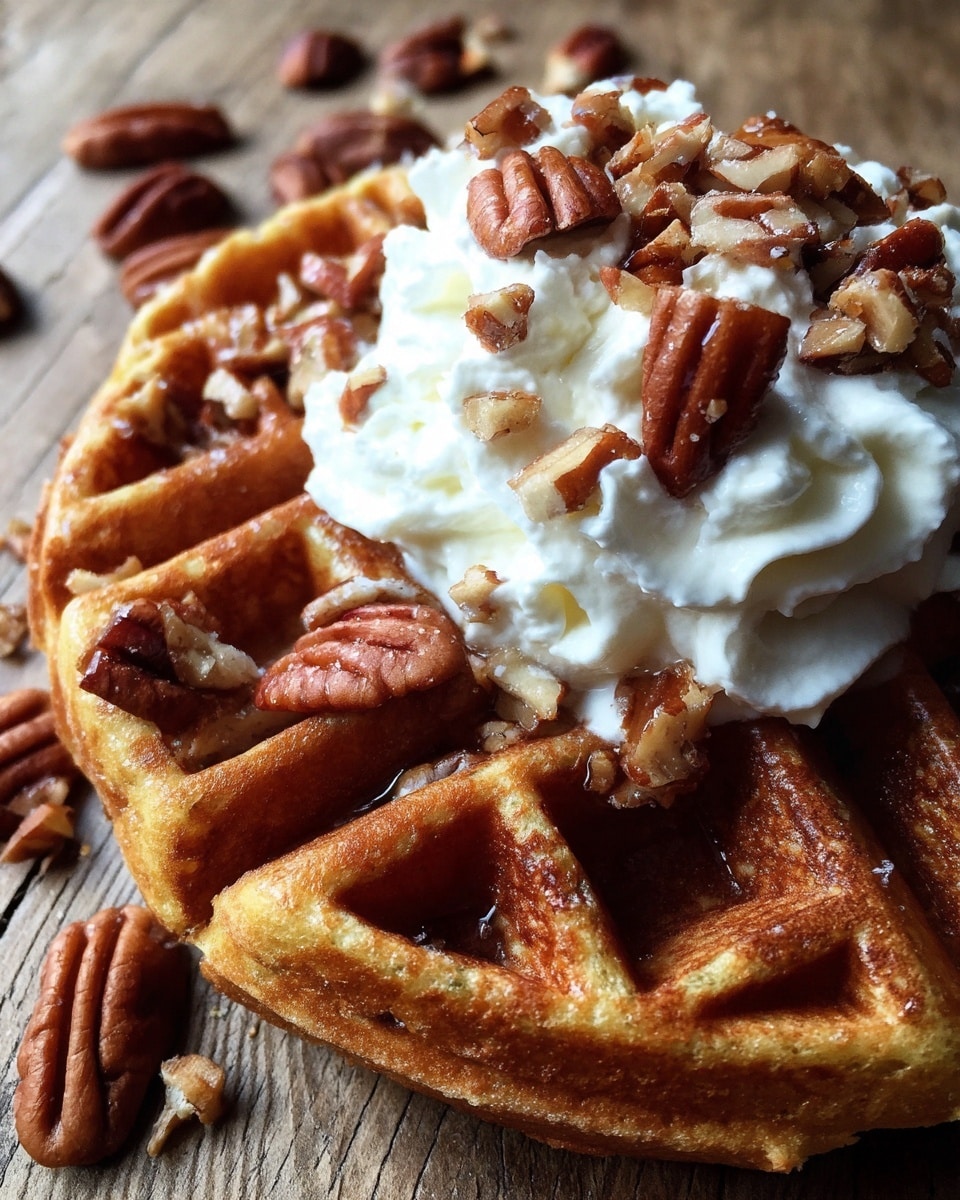 A close-up of a single golden-brown waffle with a slightly crispy texture, topped with a generous dollop of white whipped cream and sprinkled with chopped pecans that add a crunchy texture; the waffle sits on a rustic surface with scattered pecan pieces around it, creating an inviting and hearty breakfast look. photo taken with an iphone --ar 4:5 --v 7