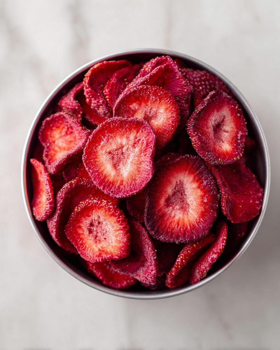 A close-up shot of a round container filled with many slices of dried strawberries. The strawberry slices are thin and layered loosely, showing different shades of red and light pink with visible texture and tiny seeds on the edges. The container is placed on a white marbled surface, which fills the background with soft grey veins. The image focuses on the top view of the fruit slices inside the container, making the vibrant red color the main highlight. photo taken with an iphone --ar 4:5 --v 7