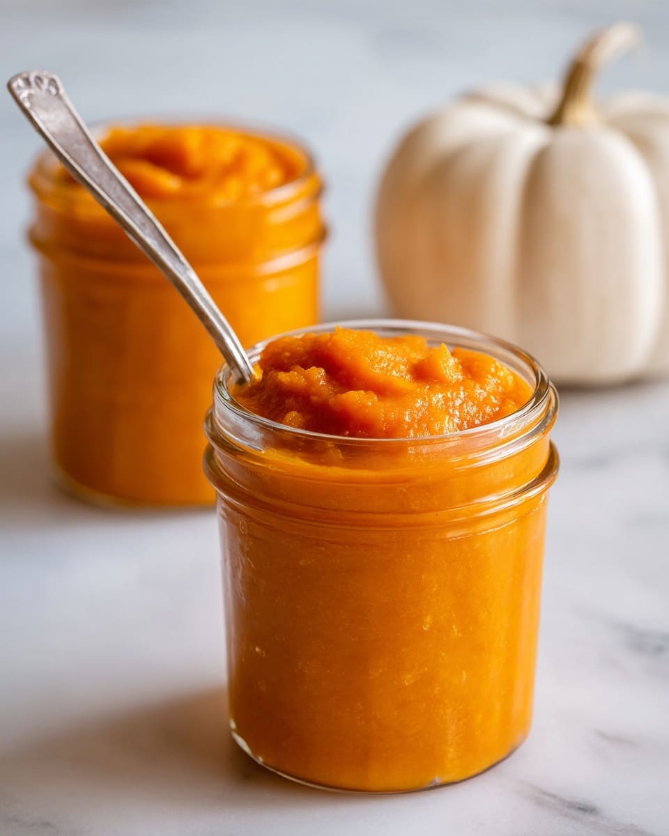 A close-up image of a clear glass jar filled with a thick, smooth, bright orange pumpkin puree that slightly overflows the top, with a metallic spoon inserted vertically into the puree. In the background, there is a second similar jar also filled with the same bright orange puree, slightly blurred. The setting is on a white marbled surface, and there are some white pumpkins blurred out in the far background. The overall tone is warm and inviting. photo taken with an iphone --ar 4:5 --v 7