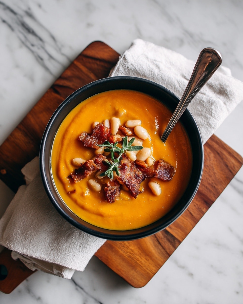 The image shows a black bowl filled with thick orange soup, topped with white beans and small pieces of crispy bacon placed in the center. A small green herb is placed on top of the bacon. A silver spoon is resting on the edge of the bowl. The bowl is set on a wooden board with a white cloth nearby, all placed on a white marbled surface. Photo taken with an iphone --ar 4:5 --v 7
