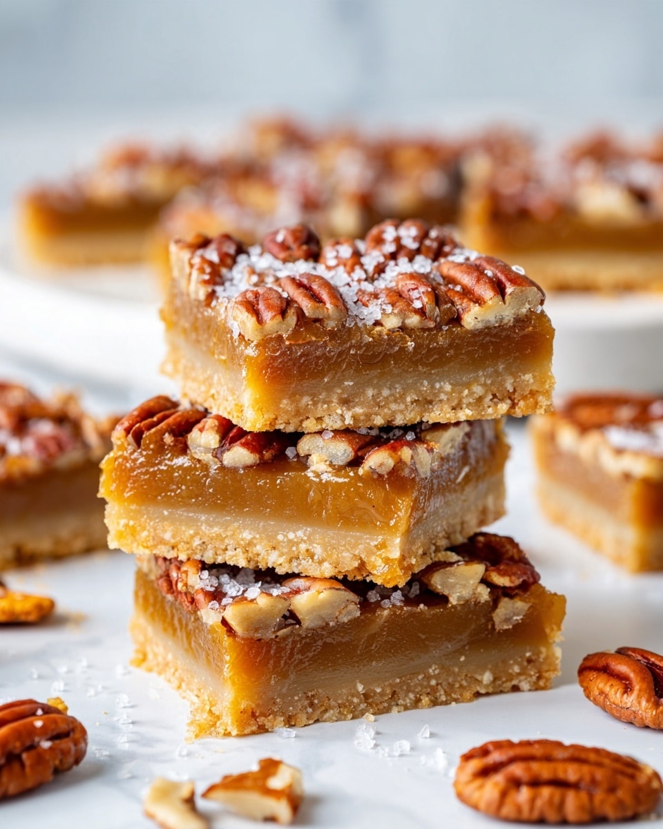 A close-up view of a stack of three pecan-covered dessert bars is shown, each bar having three visible layers: a bottom tan cracker-like crust layer, a middle gooey golden caramel layer, and a top layer of whole and chopped glossy pecans with a slight sprinkle of coarse salt. The bars sit on a white marbled surface with scattered pieces of broken crackers and pecan halves around them. In the background, there is a white dish filled with more of these pecan bars, slightly out of focus. Photo taken with an iphone --ar 4:5 --v 7