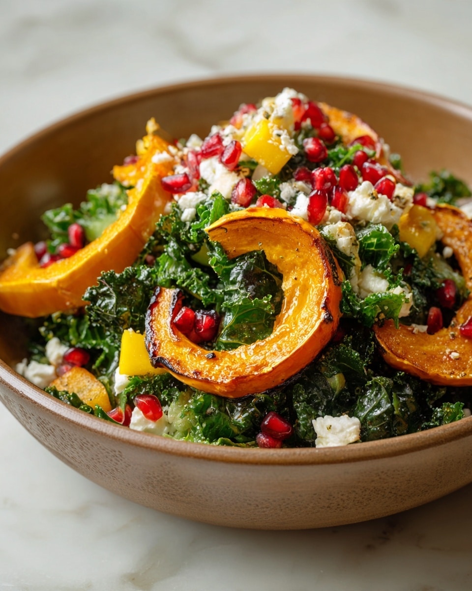 The image shows a bowl filled with a colorful salad. At the bottom is a layer of chopped kale, dark green and curly. On top of this are slices of roasted orange pumpkin arranged in a circular pattern. Scattered over the salad are white pieces of cheese, likely feta, small cubes of yellow mango, and bright red pomegranate seeds, adding texture and color contrast. The bowl is white, and it sits on a white marbled surface. photo taken with an iphone --ar 4:5 --v 7