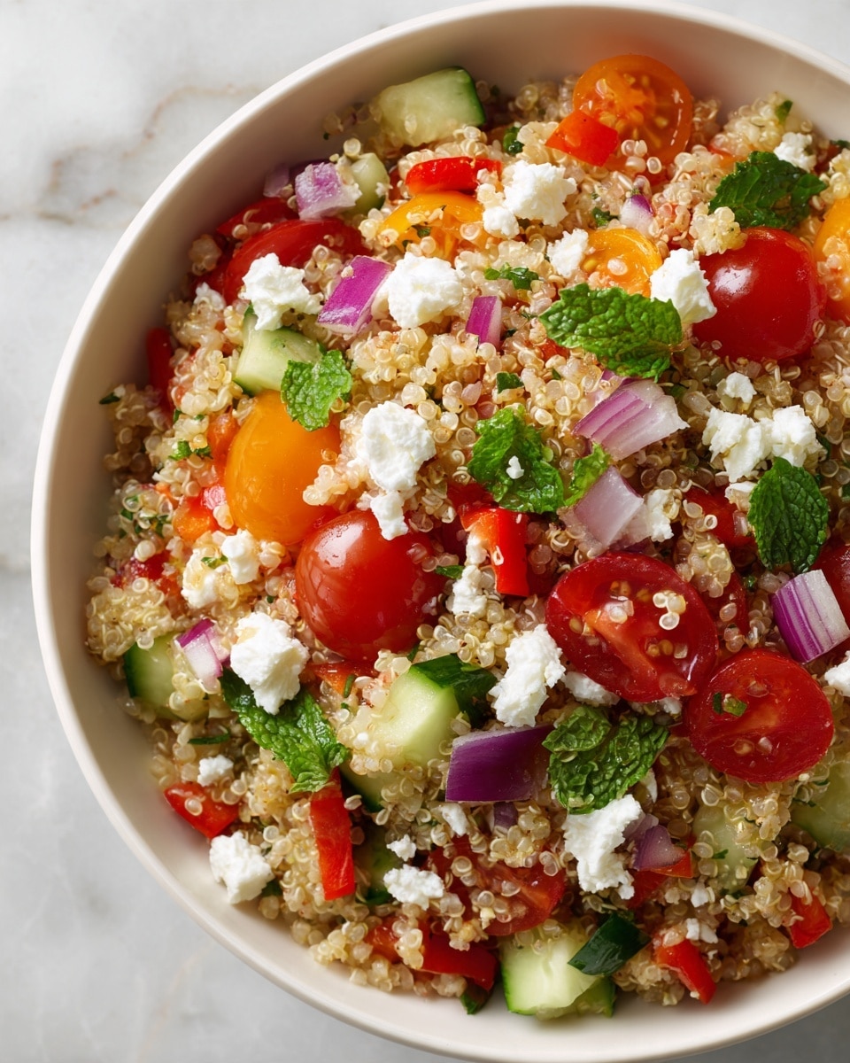 A white bowl filled with a fresh quinoa salad showing four main layers: the base is light beige cooked quinoa with small round grains, mixed evenly with small cubes of bright green cucumber and shiny red cherry tomato halves. Scattered among these are small bits of deep red onion, vibrant green chopped herbs, and white crumbled cheese with a soft texture. The salad has a colorful look with red, green, white, and purple pieces spread evenly all over. The bowl sits on a white marbled surface. photo taken with an iphone --ar 4:5 --v 7