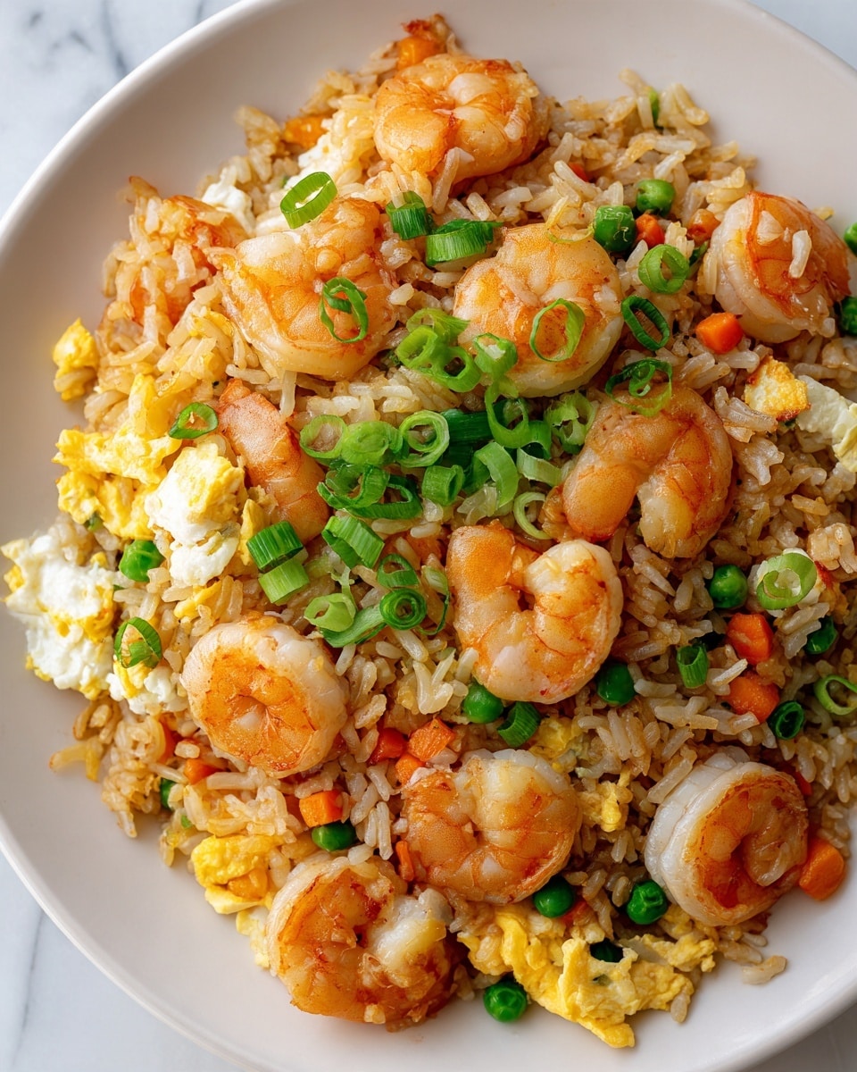 A close-up view of a white plate filled with shrimp fried rice, showing around nine pinkish-orange cooked shrimp spread evenly on top. The fried rice is golden brown and mixed with bright green peas, orange diced carrots, small pieces of scrambled yellow eggs, and translucent chopped onions. Thin slices of green onions are scattered on the top layer, adding a fresh green accent. The texture of the rice looks fluffy with a slight shine, and the shrimp have a glossy, slightly seared surface. The whole dish sits on a white marbled surface. photo taken with an iphone --ar 4:5 --v 7