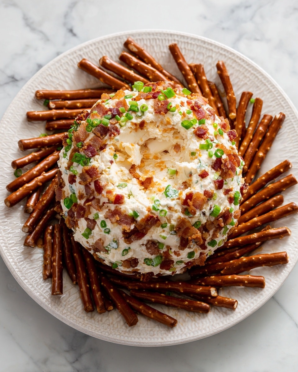 A round cheese ball sits on a white plate with a rough texture, covered in chopped bacon pieces mixed with small green bits, possibly chopped green onion or chives. The cheese ball is off-white inside with some orange specks, indicating a creamy mix. Surrounding the cheese ball are dark brown pretzel sticks arranged around the edge of the plate. The whole scene is set on a white marbled surface. Photo taken with an iphone --ar 4:5 --v 7
