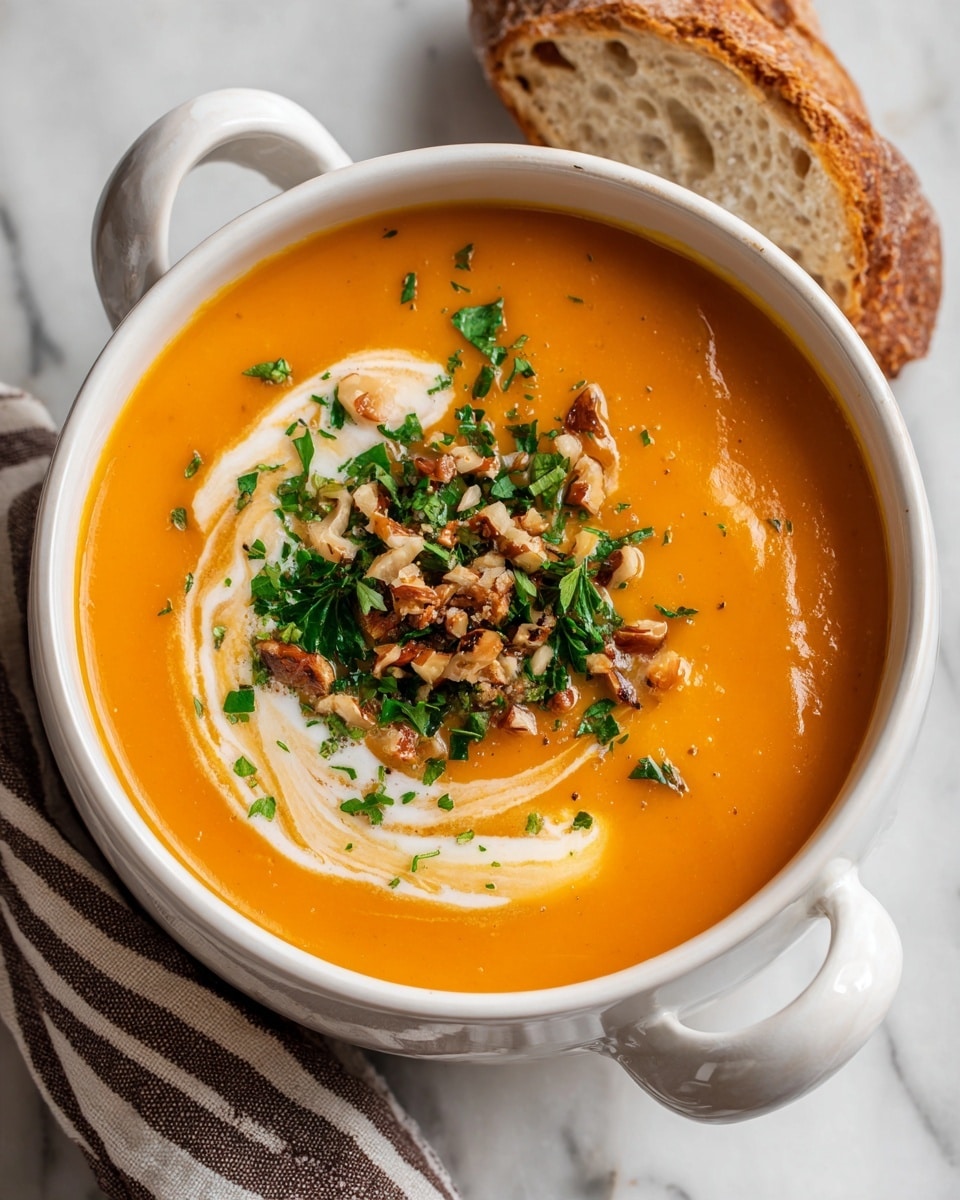 A white bowl with two handles holds smooth orange soup filling almost to the top. On one side, white cream is swirled on the surface in soft, curved shapes, while a cluster of chopped green herbs and small brown toasted nuts or seeds decorates the other side, creating texture contrast. The bowl is placed on a white marbled surface, next to a piece of crusty bread and a striped brown cloth. Photo taken with an iphone --ar 4:5 --v 7