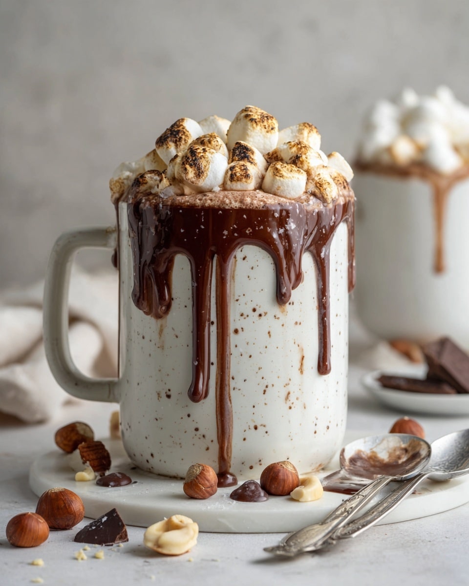 The image shows a tall white mug filled with hot chocolate, topped with white marshmallows and drizzled with melted chocolate that is slowly dripping down the sides, pooling slightly at the base. The mug sits on a white marbled surface scattered with mini marshmallows, hazelnuts, and chocolate chips. In the background, another white mug with a similar drink is slightly out of focus, along with two shiny spoons resting next to the main mug. The overall look is cozy and inviting, with a mix of smooth and chunky textures. photo taken with an iphone --ar 4:5 --v 7