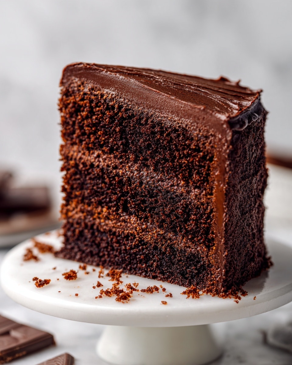 The image shows a close-up of a single slice cut from a two-layer chocolate cake placed on a white cake stand. The cake has a dense, moist, and dark brown crumb with fine texture. Both the top and side of the slice are covered in smooth, thick, glossy chocolate frosting with visible spatula marks that add texture. There are some chocolate crumbs scattered on the white cake stand near the base of the slice. The background features a white marbled texture with blurred pieces of chocolate in soft focus. photo taken with an iphone --ar 4:5 --v 7