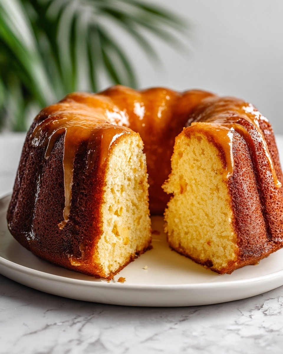 A round, tall, bundt-style cake sits on a white plate, placed on a white marbled surface. The cake has one thick layer with a glossy, golden brown icing covering the entire top and sides. The inside is light yellow with evenly scattered dark brown and reddish bits, showing a dense texture with small crumb pieces. A wedge has been cut out from the cake, revealing the moist interior clearly. The background is softly blurred with some green plant leaves in the top left corner. Photo taken with an iphone --ar 4:5 --v 7