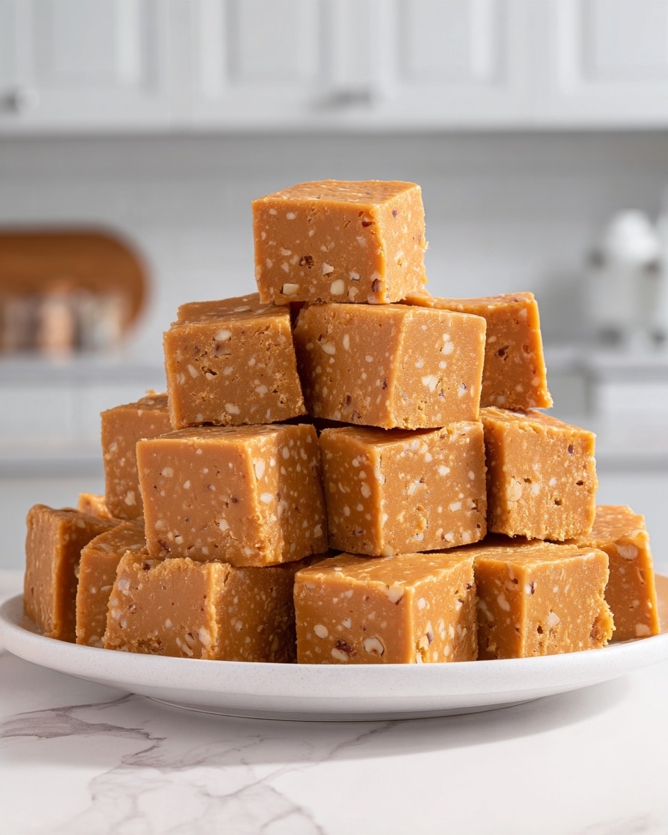 A large white plate is filled with many small, square caramel-colored fudge pieces stacked in a pyramid shape. Each fudge cube has a smooth, slightly shiny surface with visible bits of chopped nuts mixed throughout, giving a textured look with light brown and cream spots inside. The fudge pieces are neatly arranged, showing clean edges and a dense, creamy texture. The background is a white marbled texture, matching the kitchen setting with blurred white cabinets in the distance. Photo taken with an iphone --ar 4:5 --v 7