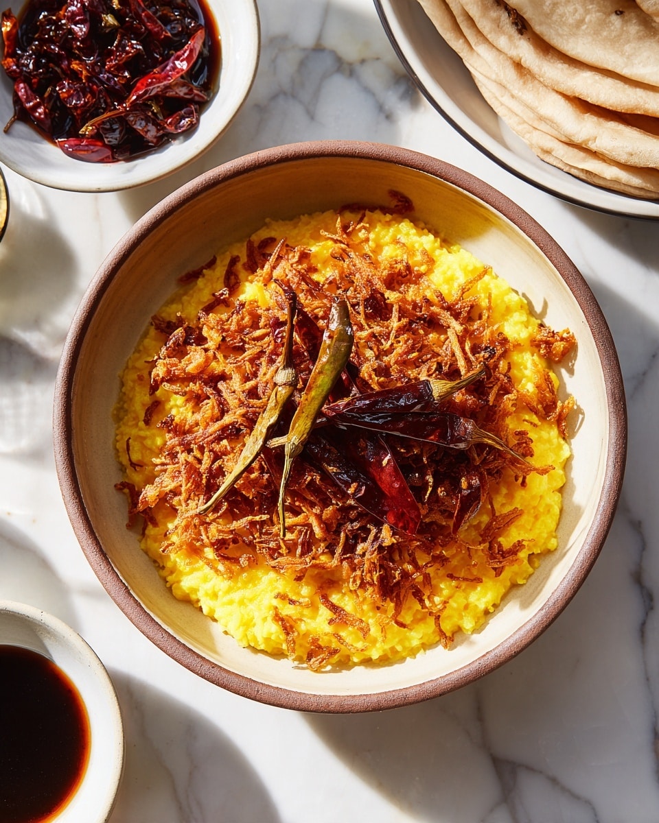 A close-up image of a bowl with three layers: the bottom layer is bright yellow rice with a soft texture, the middle layer consists of dry fried onions in brown shades with a crispy look, and the top layer has whole dried red chilies scattered on top with a deep red color. The bowl is white with a smooth finish. In the background, there is a small bowl with brown sauce and a pair of whole dried red chilies resting in it, a glass of water, and some flatbread pieces on a white marbled surface. The light is natural, coming from the side, creating soft shadows and highlights. Photo taken with an iphone --ar 4:5 --v 7